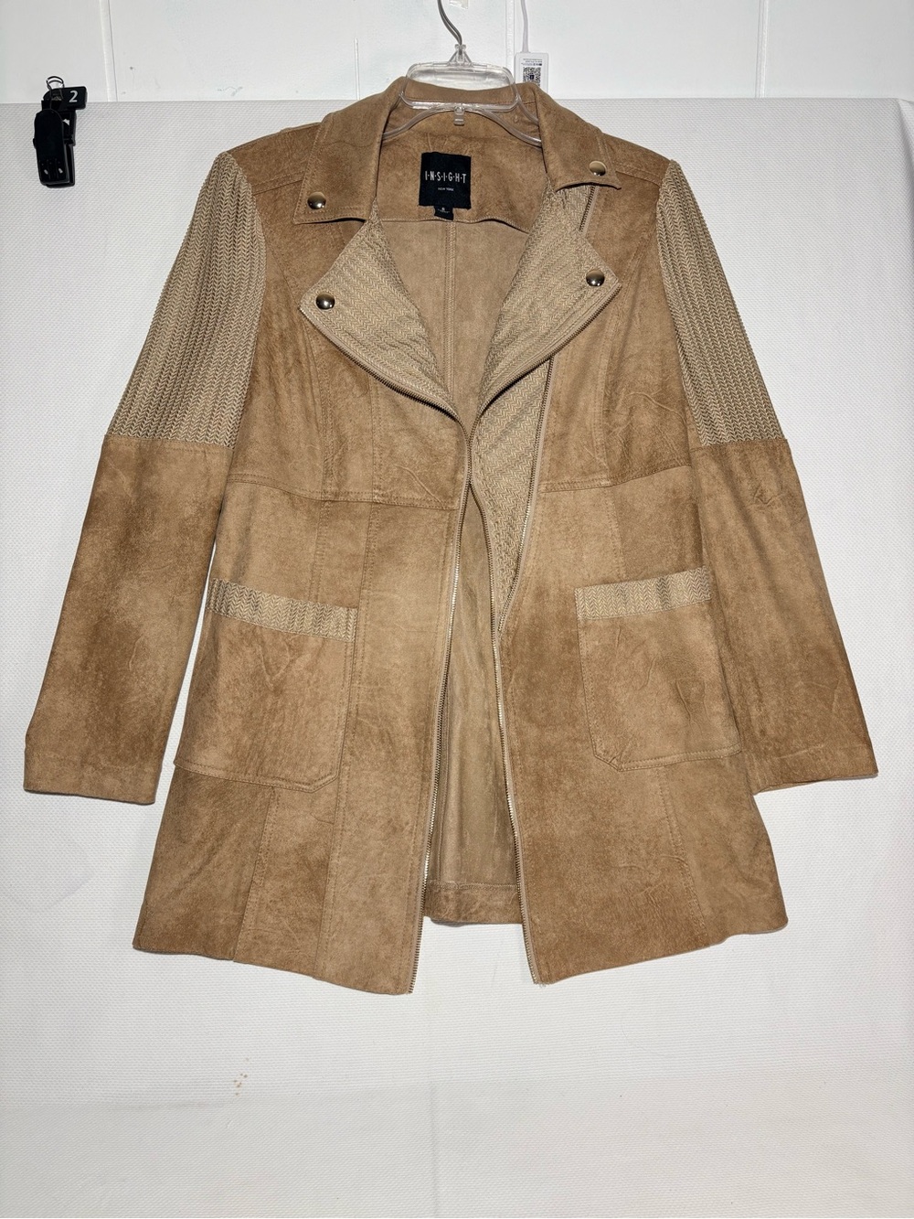 Insight New York Faux Suede & Knit Mixed Media Moto Jacket - Tan, Size 8